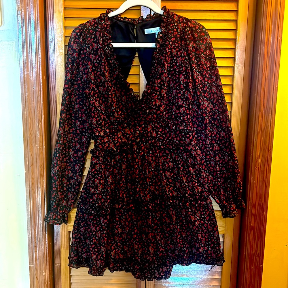 Row A Flounce Long Sleeve Godet Floral Dress - Women's Size M, Black/Red